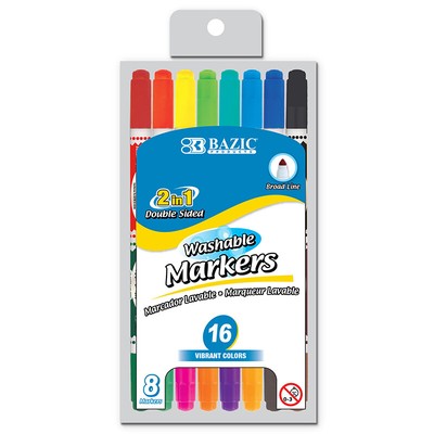 BAZIC Products Washable Markers, Double-Tip, 16 Colors, 8 Ma