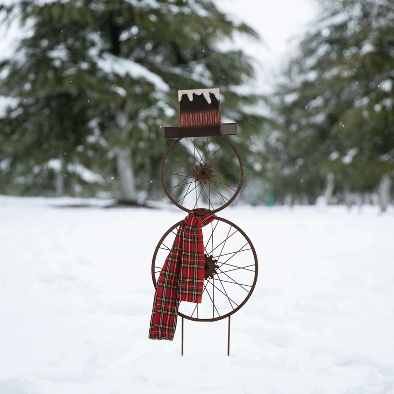 Wheel Snowman W/plaid Scarf Yard Stak