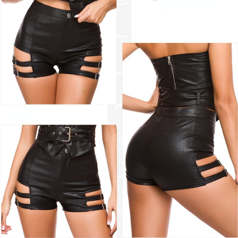 Lady Faux Leather Shorts Hollow Punk Rock High Waist Mini Party Clubwear Sexy