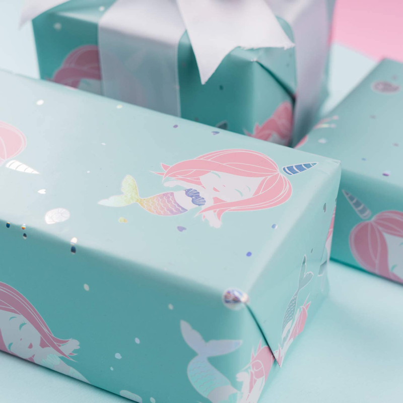 WRAPAHOLIC Gift Wrapping Paper Roll - Cute Mermaid Design with Colorful Foil for
