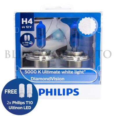 (FREE LED T10) Philips H4 Diamond Vision 5000K White Halogen Light Bulbs 60/55W