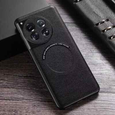 For OnePlus 12 11R 10T 9 8 PU Leather Magsafe Magnetic Back Case Tempered Glass