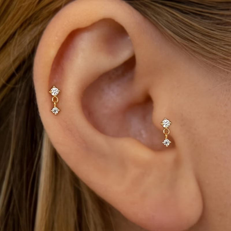 2D Flat 1 Pair Dainty Stud Earrings Cubic Zirconia Golden