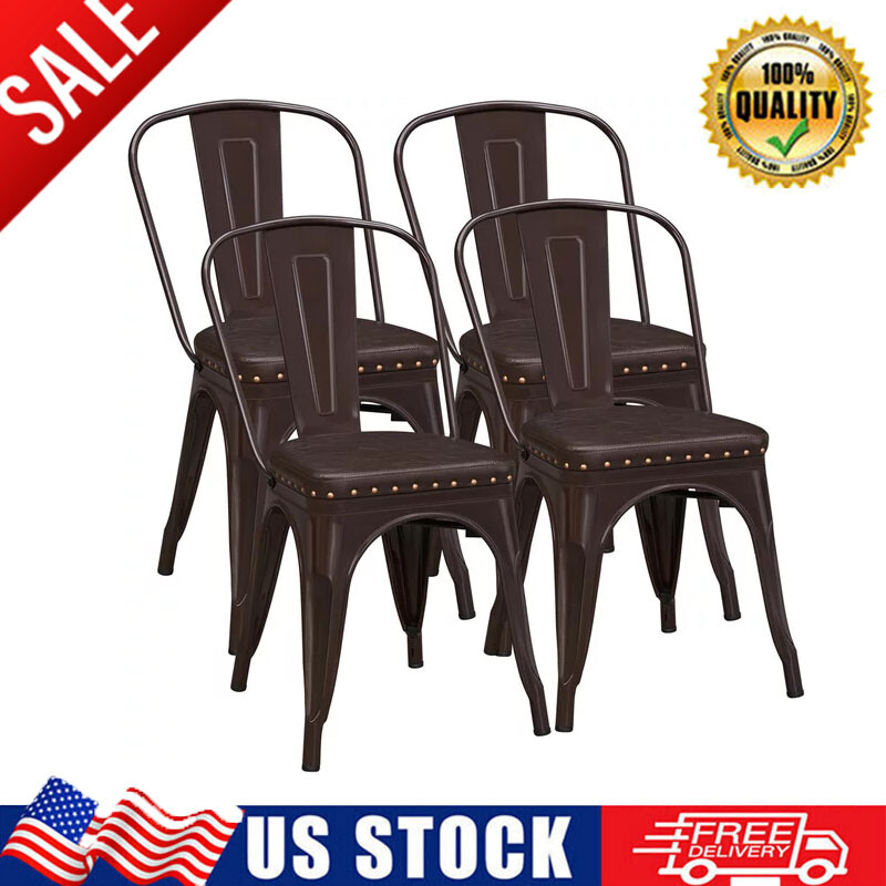 Stackable With Cushion Industrial Metal Studded , Set Of 4, 