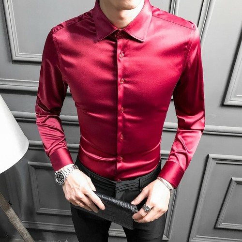 YUNY Mens Business Long-Sleeve Button Slim Fit Blouses and Tops Shirts Red 2XL