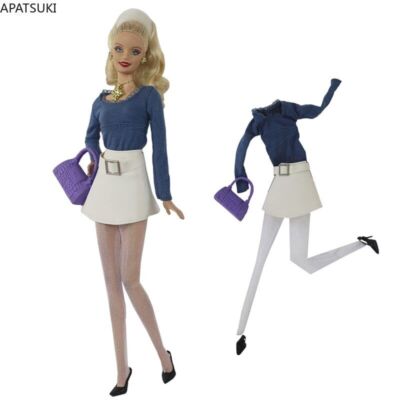 Blue Top White Leather Skirt Clothes Set For 11.5'' Doll Outfits Pantyhose Shoes