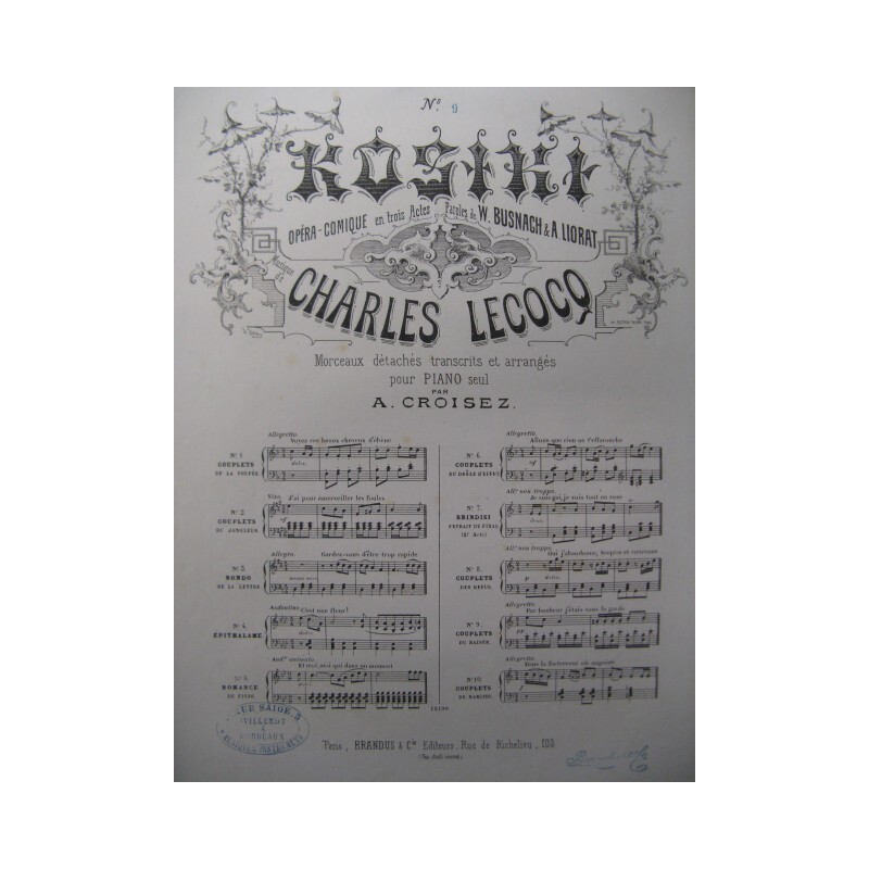 Lecocq Charles Kosiki No 9 Baiser Piano 1876
