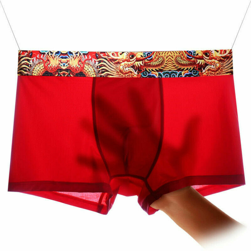 Herren Rot Boxershorts Drachen Muster Slip Eis Seide Badehose Unterhose Shorts