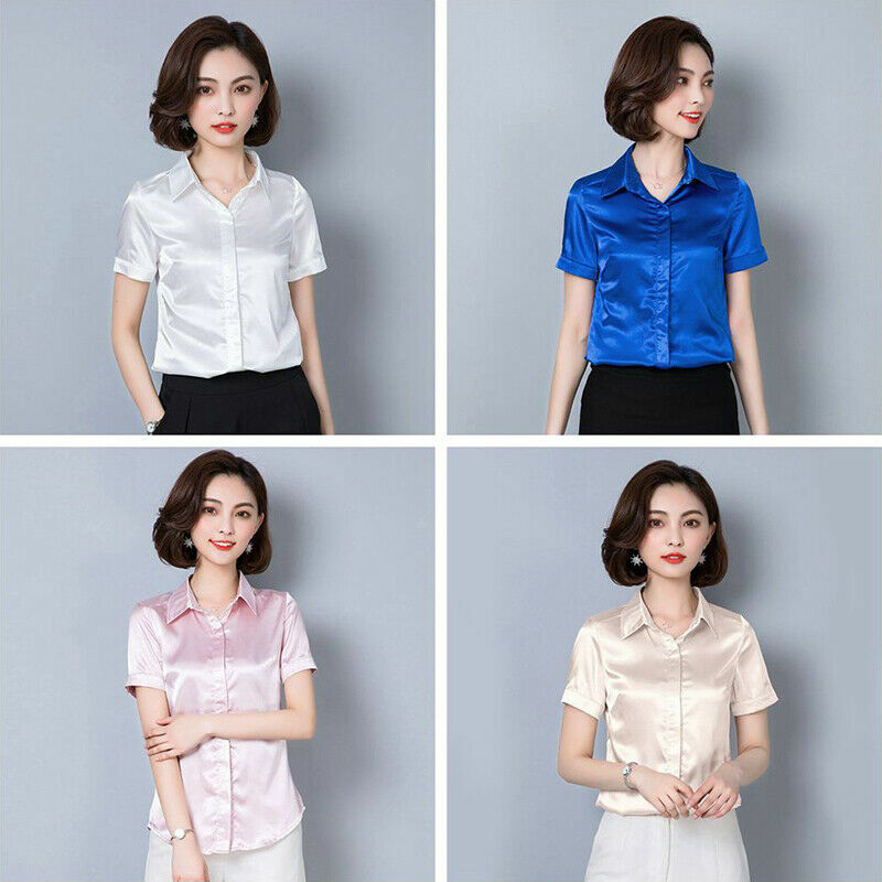 Damen Seidenartig Hemd mit Kurzen Ärmeln Satin Lässig Elegant Bluse Oberteil