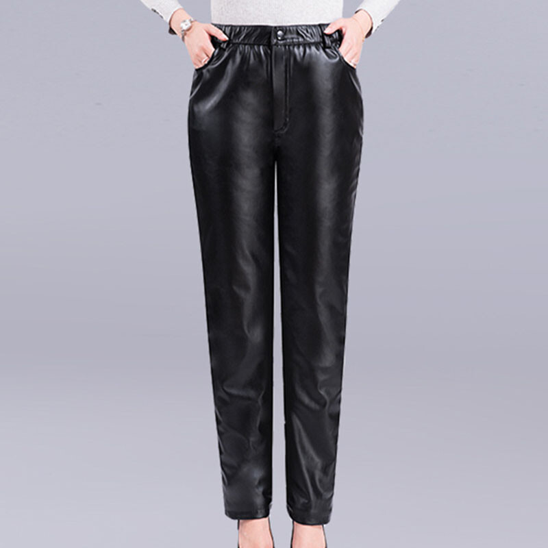 Femme Simili Cuir Pantalon Polaire Doublé Épais Chaud Coupe-Vent Hiver