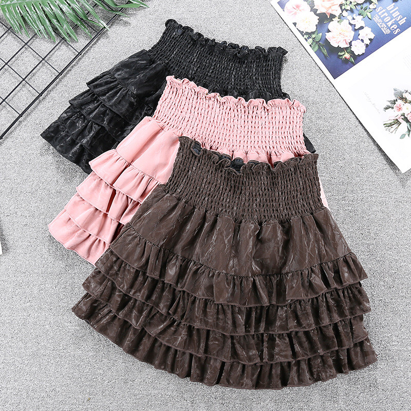 Girl Velvet Short Skirt High Elastic Waist Layered Tiered Wrinkle Fold Sweet