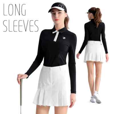 Ladies Autumn Spring Polo Collar T-shirt, Long Sleeves Elastic Slim Fit