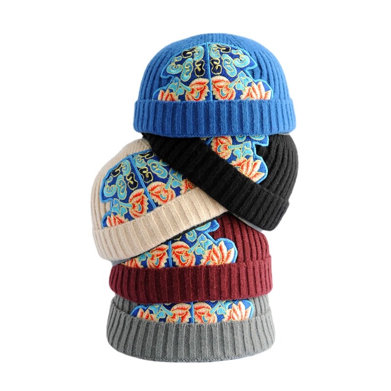 Bonnet Beanie Brodé Floral en Tricot à Revers Coupe Tête Sans Brim Chaleur