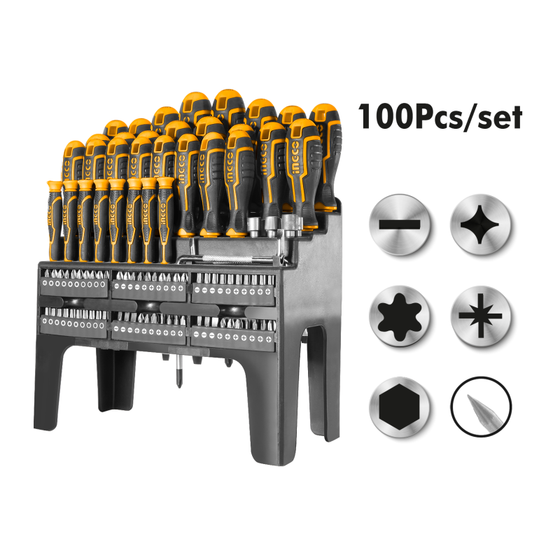 SERIE SET 100 CACCIAVITI GIRAVITI E BIT LAMA CROMO VANADIO TESTA MAGNETICA INGCO