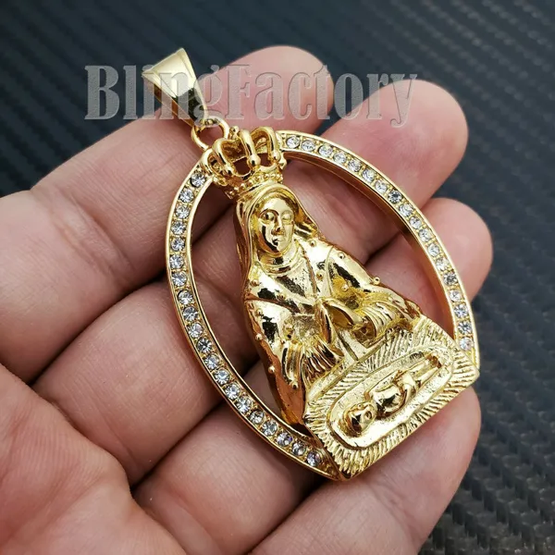 Stainless Steel Iced Lab Diamond Gold Plated Mother Mary Pendant