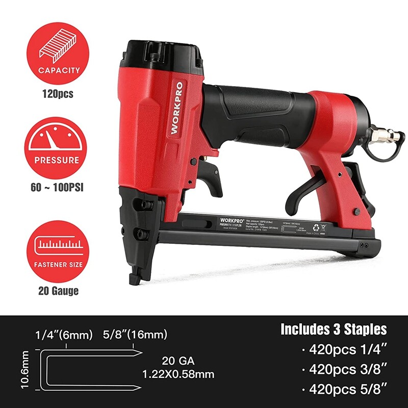 WORKPRO Pneumatic 20 Gauge Staple Gun With 1260 PIECES Staples Air-Powered