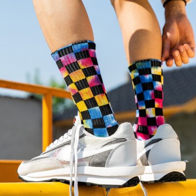 2 Pairs Plaid Tie-Dye Crew Men Socks MidCalf Cotton Terry High Tube Street Style