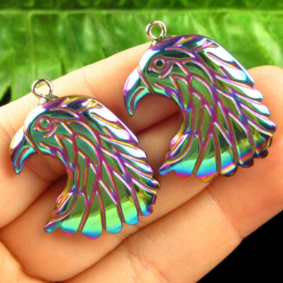 2Pcs 34x24x4mm Carved Rainbow Hematite Eagle Head Pendant Bead Q11300