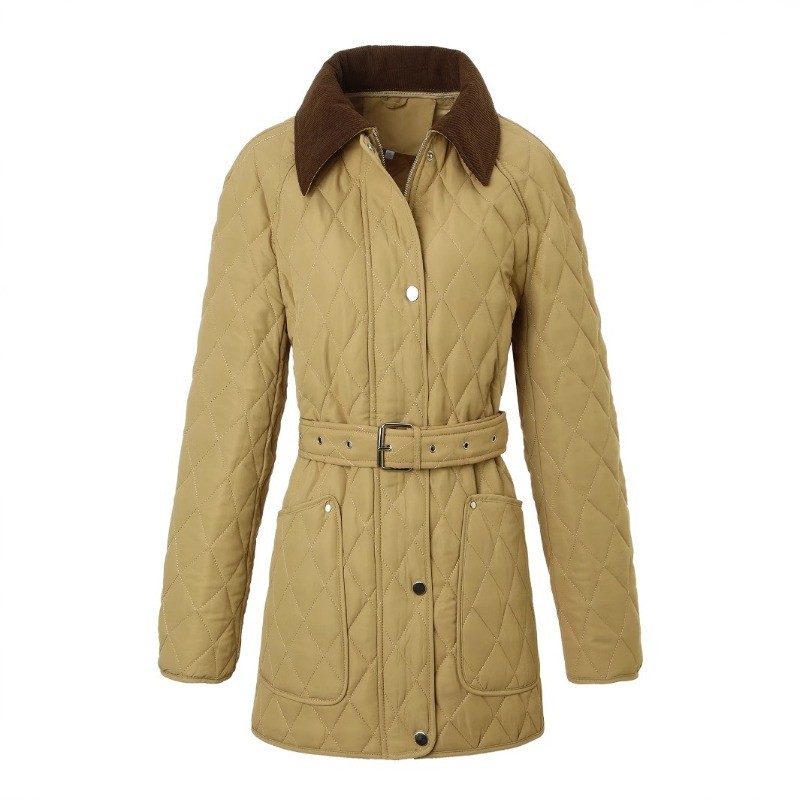 Women Coat Quilted Padded Vintage Style Jacket Lapel Collar Belted Autumn Winter