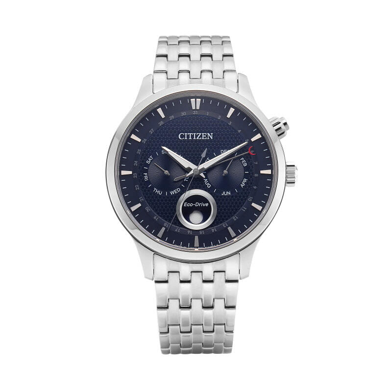 Pre-owned Citizen Original  Eco Drive Moon Phase Watch Men Japan Made Stainless Steel Blue