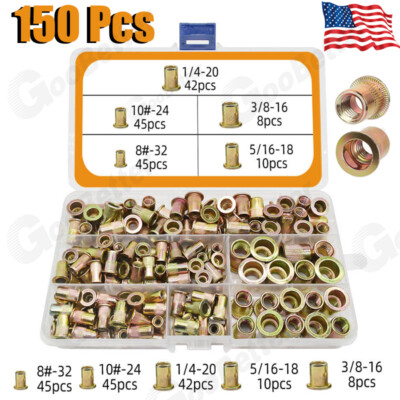 150Pcs Rivet Nuts Kit SAE Carbon Steel Rivet Nut Insert Nutsert Assortment Kit