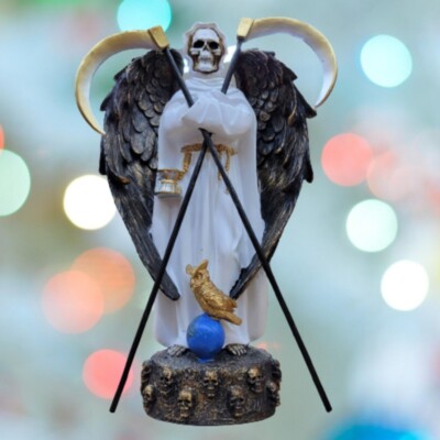 SANTA MUERTE WHITE 12'' HOLY DEATH STATUE/ WITH WINGS & TWO SCYTHES./ GRIM REAPER