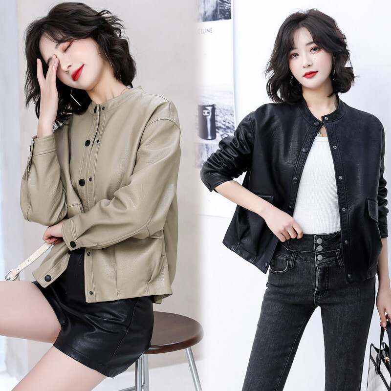 Short Faux Leather Jackets Women's Round Neck Button
