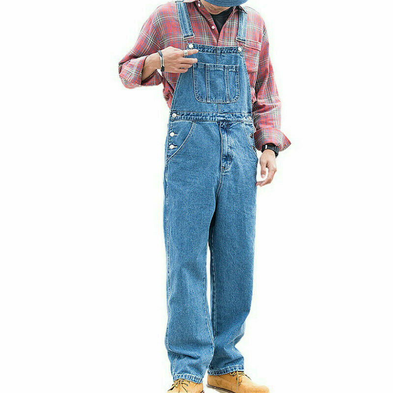 Men's Denim Suspender Overalls Pants Jeans Casual Loose