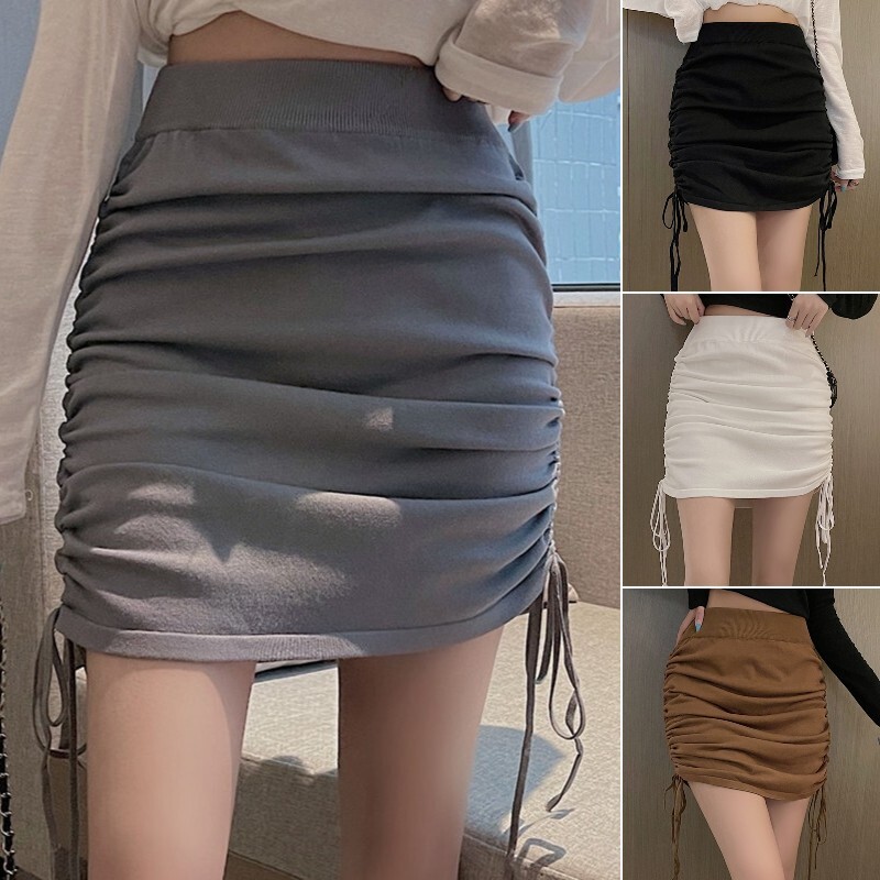 Women Short Skirts High Elastic Waist Drawstring Ruched Slim Bodycon Casual