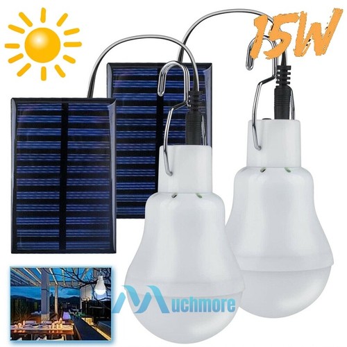 2Pack 15W Rechargeable LED Bulb with Solar Panel Home Camping Emergency Light US