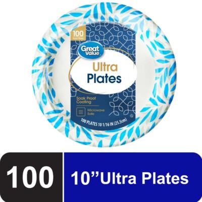 Great Value Ultra Disposable Paper Dinner Plates, White, 10 inch, 100 Plates,
