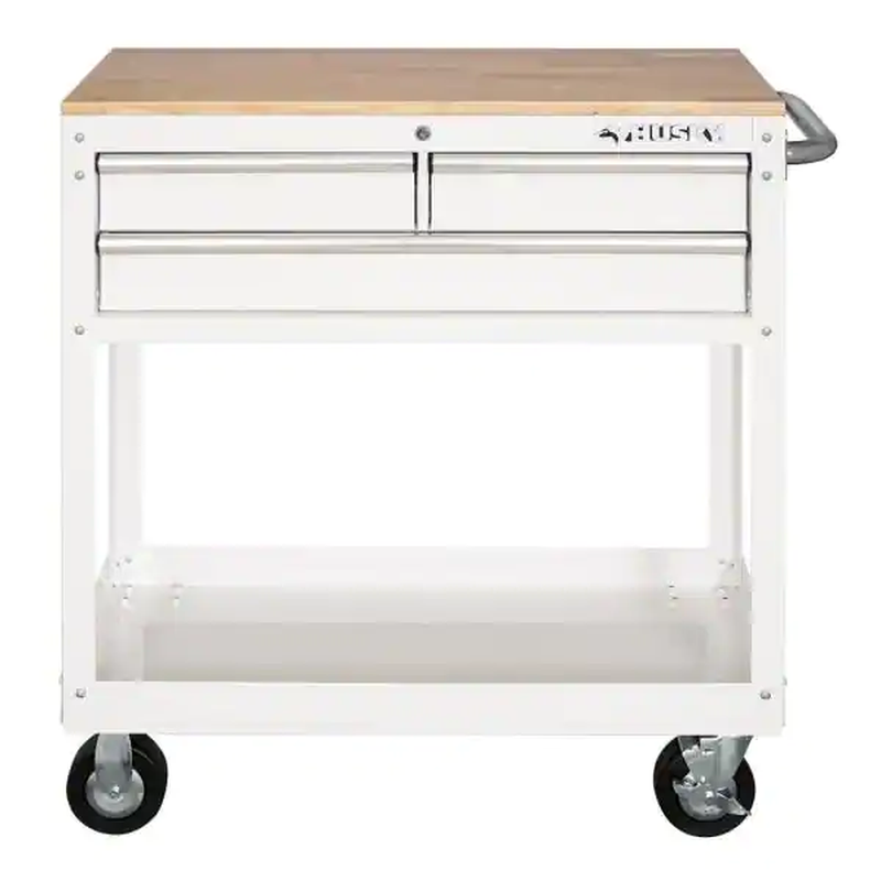 White Utility Cart 3Drawer with Solid Wood Top