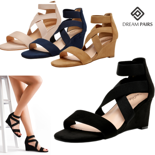 DREAM PAIRS Women's Elastic Ankle Strap Low Wedge Sandals Op