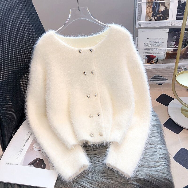 Pull Tricoté Doux Court Femme Gilet Cardigan Col Rond Manches Longues Thermique