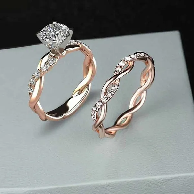 Women'S Dainty Twist round Cut White Sapphire Ring Set Bridal Engagement Diamond Ring Wedding Band Anniversary Gift Banquet Party Jewelry Ring Size 5-11