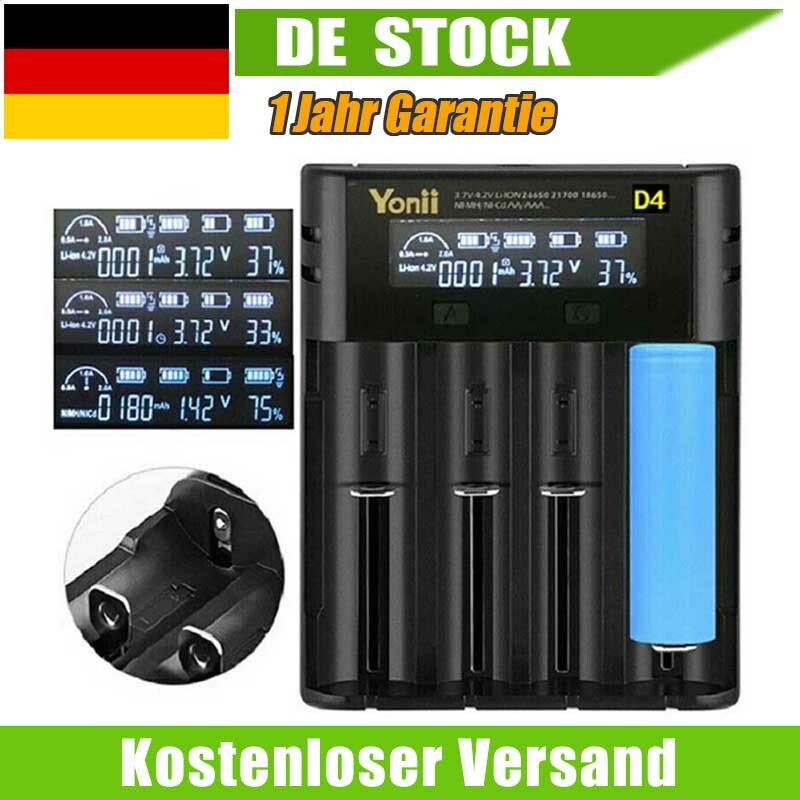 4 Slots LCD Akku Ladegerät USB Charger für 18650 21700 Lithium Nimh  Batterie