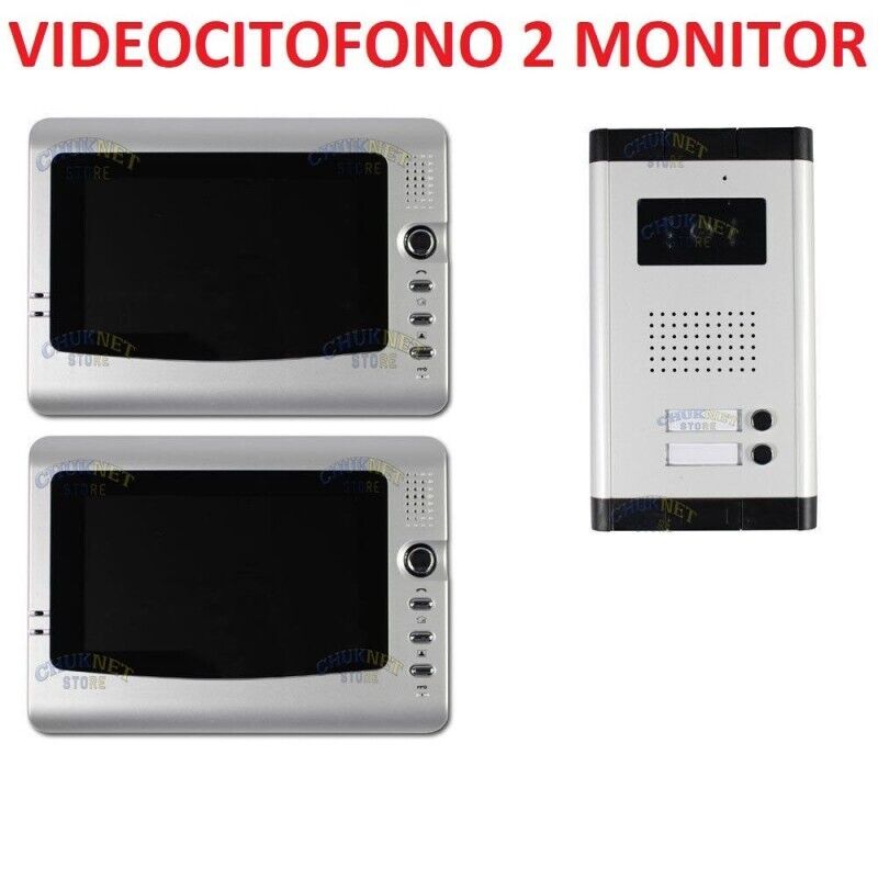 Kit Videocitofono Bifamiliare Colori Telecamera Led Esterno 2 Monitor 7 Pollici