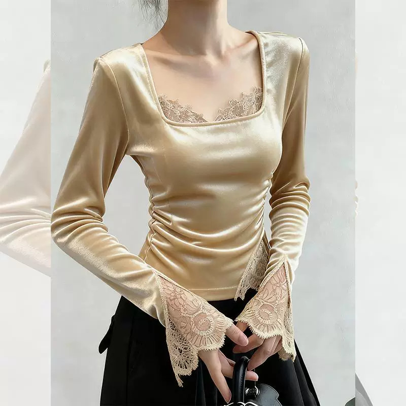 Femme Velours Chemise Square-Neck Lace-Trimmed Flared-Sleeve Haut Amincissant