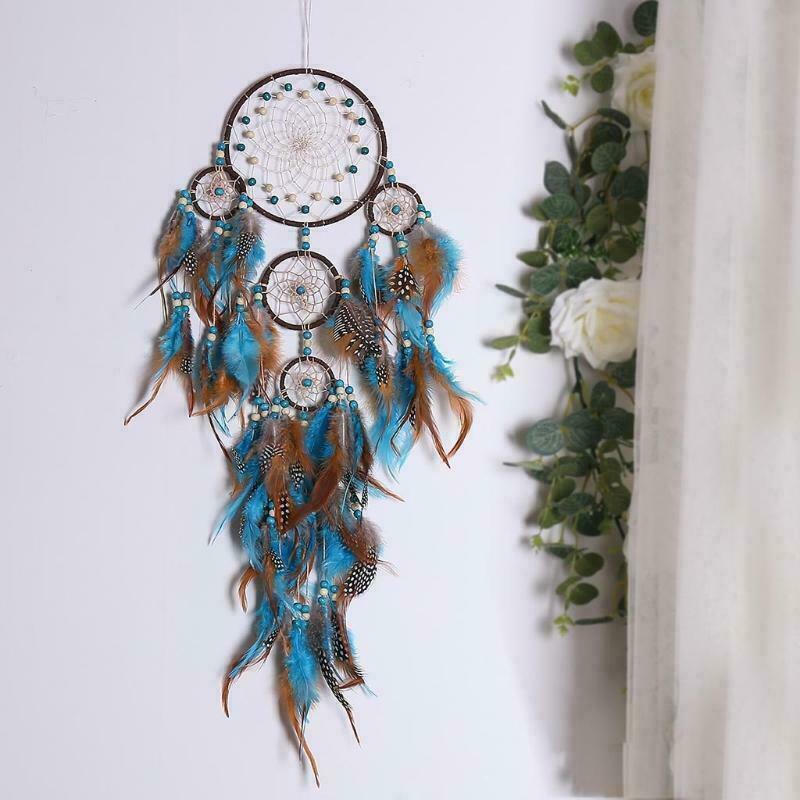 5 Circles Large Dream Catchers with Turquoises Feather Boho Wall Hanging Decor