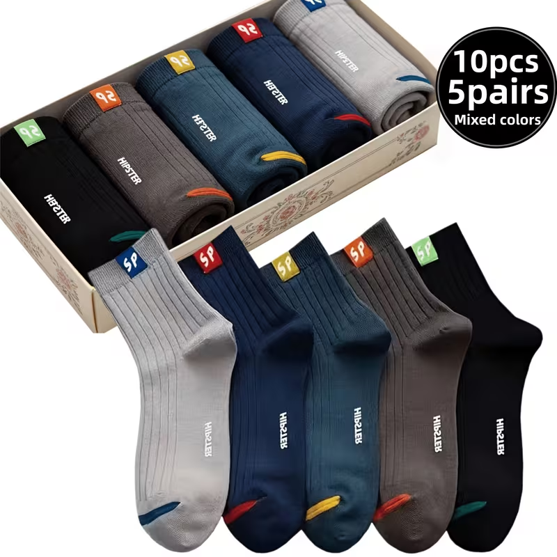 10pcs/5 Pairs Men's Breathable Trendy Letter Pattern Mid-Calf Socks, Comfortable