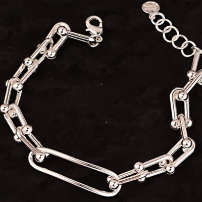 925 Sterling Silver Vintage U-Shape Chain Bracelet Unique Trendy Stylish Bangle
