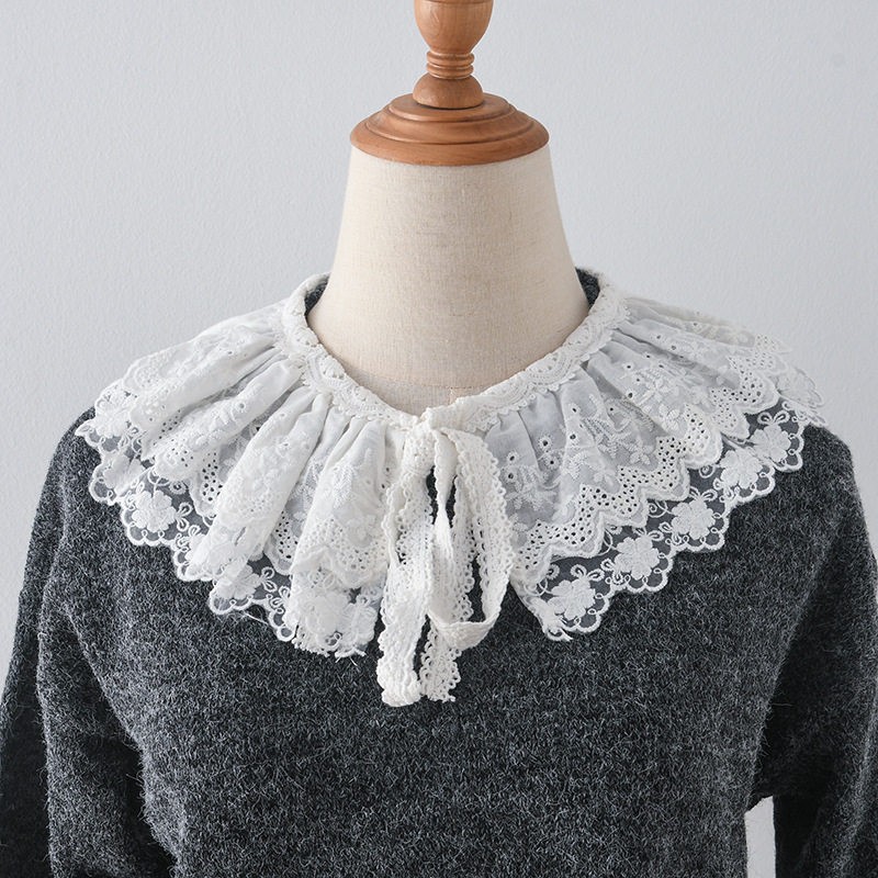 1X Retro Schal mit Faux-Kragen 2-Lagige Rüschen Spitze Weiß Damen Victorian DIY