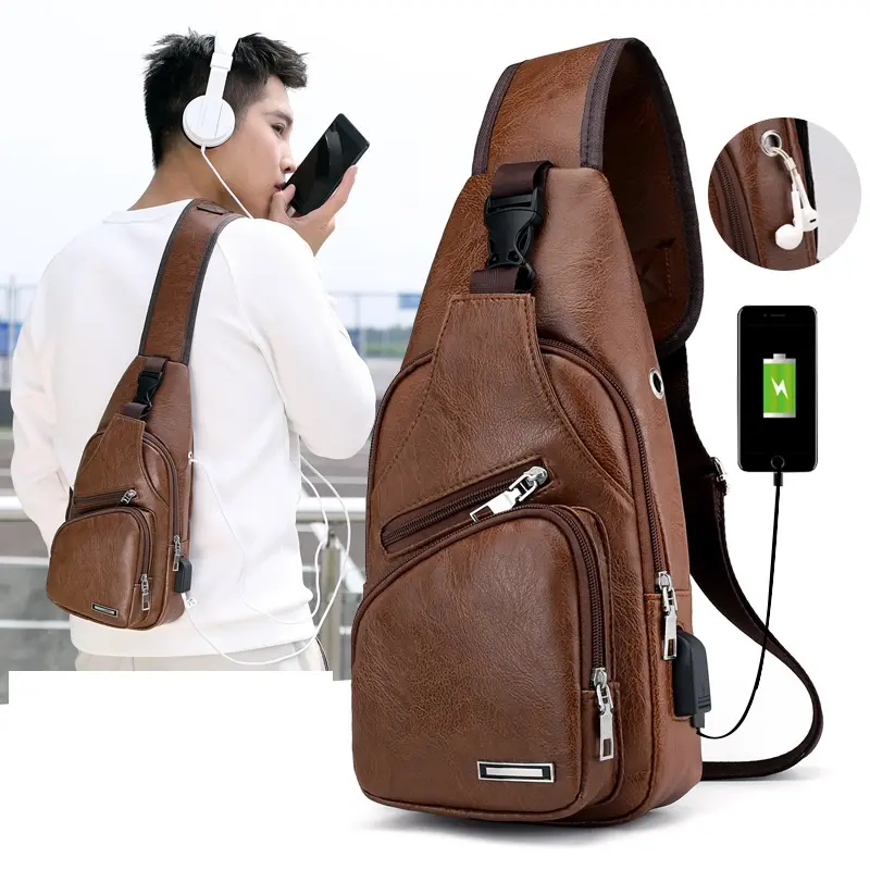 Backpack Crossbody Sling Bag Chest Shoulder PU Leather Travel Bag USB Port