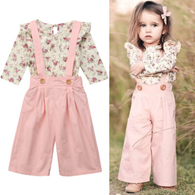Toddler Baby Girls Floral Tops+Overalls Bib Pants Jumpsuit 2PCS Outfits Clothes