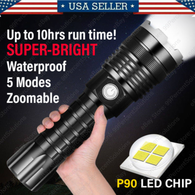 Heavy Duty LED Flashlight XHP90 90W Zoomable Tactical Torch Rechargeable Battery