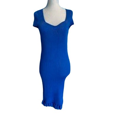 NWT French Connection Dress Body Conscious Tube Ribbed Knit Blue Ruffle Hem S 
