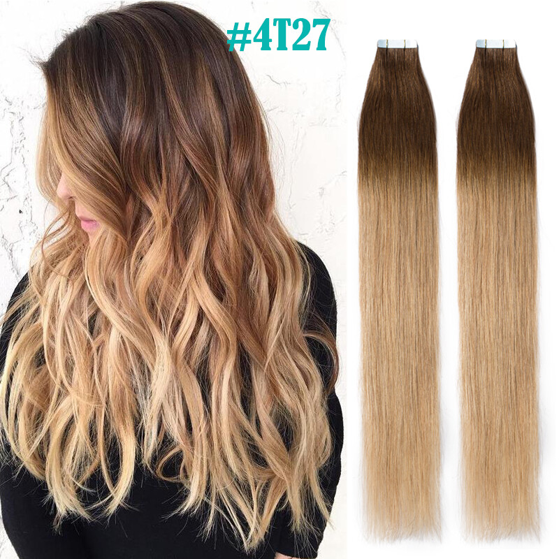 8A Straight Indian Remy Tape In Human Hair Extensions Skin Weft Mix Color Ombre