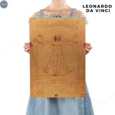 Retro Kraft Paper Poster -Leonardo Da Vinci Virtruvian, for Home Room Wall Decor