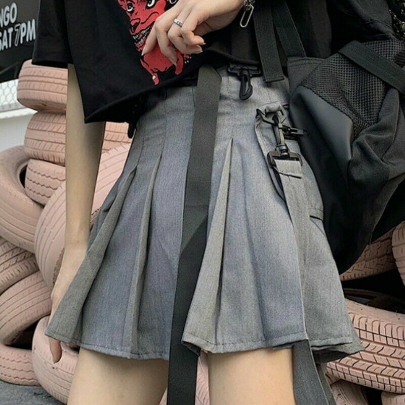 Women Punk Pleated Cargo Skirt Japanese Half Dress Buckle Gothic Club Fashion