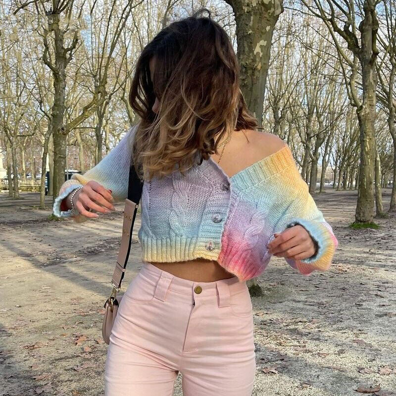 T.japan sweat cropped tops 新品 Pastel Rainbow Knit Crop Top Sweater Multicolor Hippie